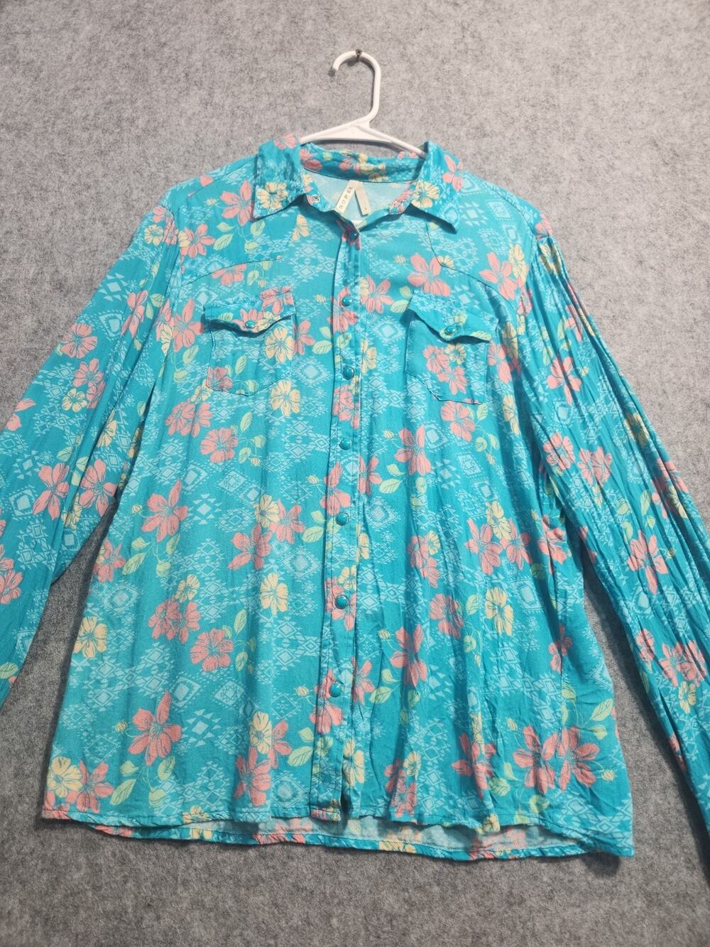 Roper Women's Large Western Pearl Snap Shirt Turquoise Floral Southwestern Ranch